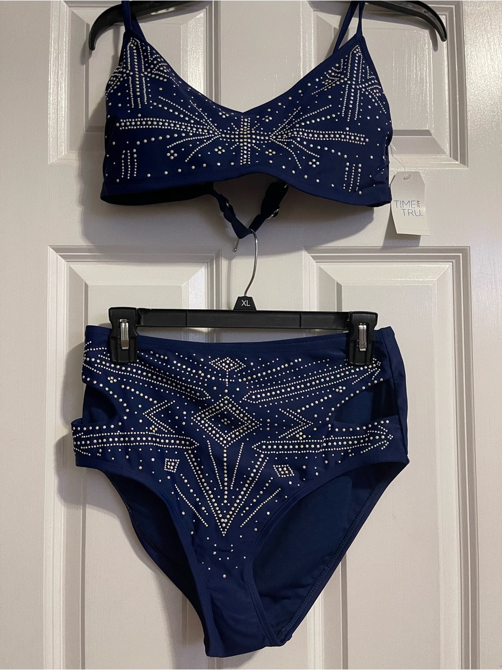 Time and Tru Navy Blue Rhinestone Two-Piece High-Waist Bikini